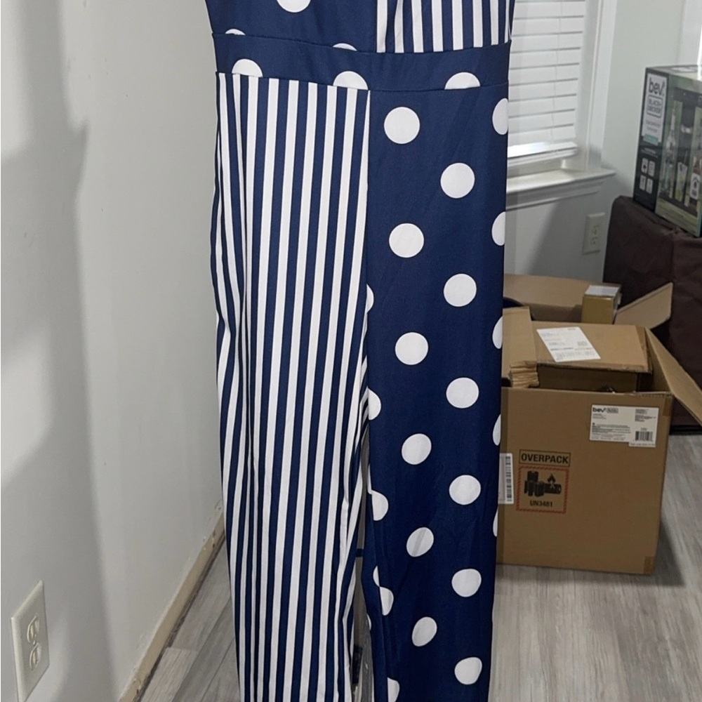 Navy and White Striped and Polka Dot Jumpsuit